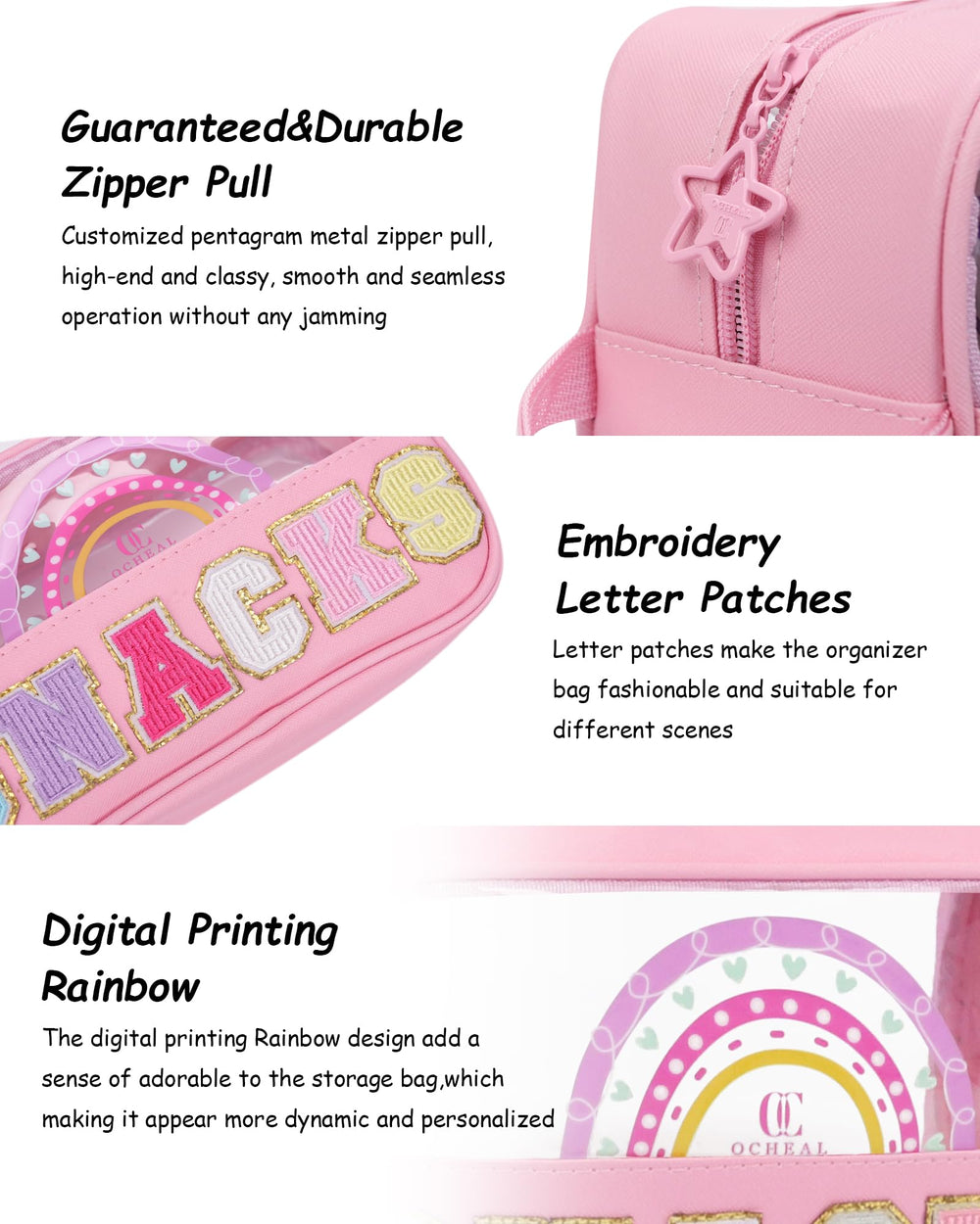 MONSTINA snack bag rainbow design close-up emphasizes playful embroidery and chic style.