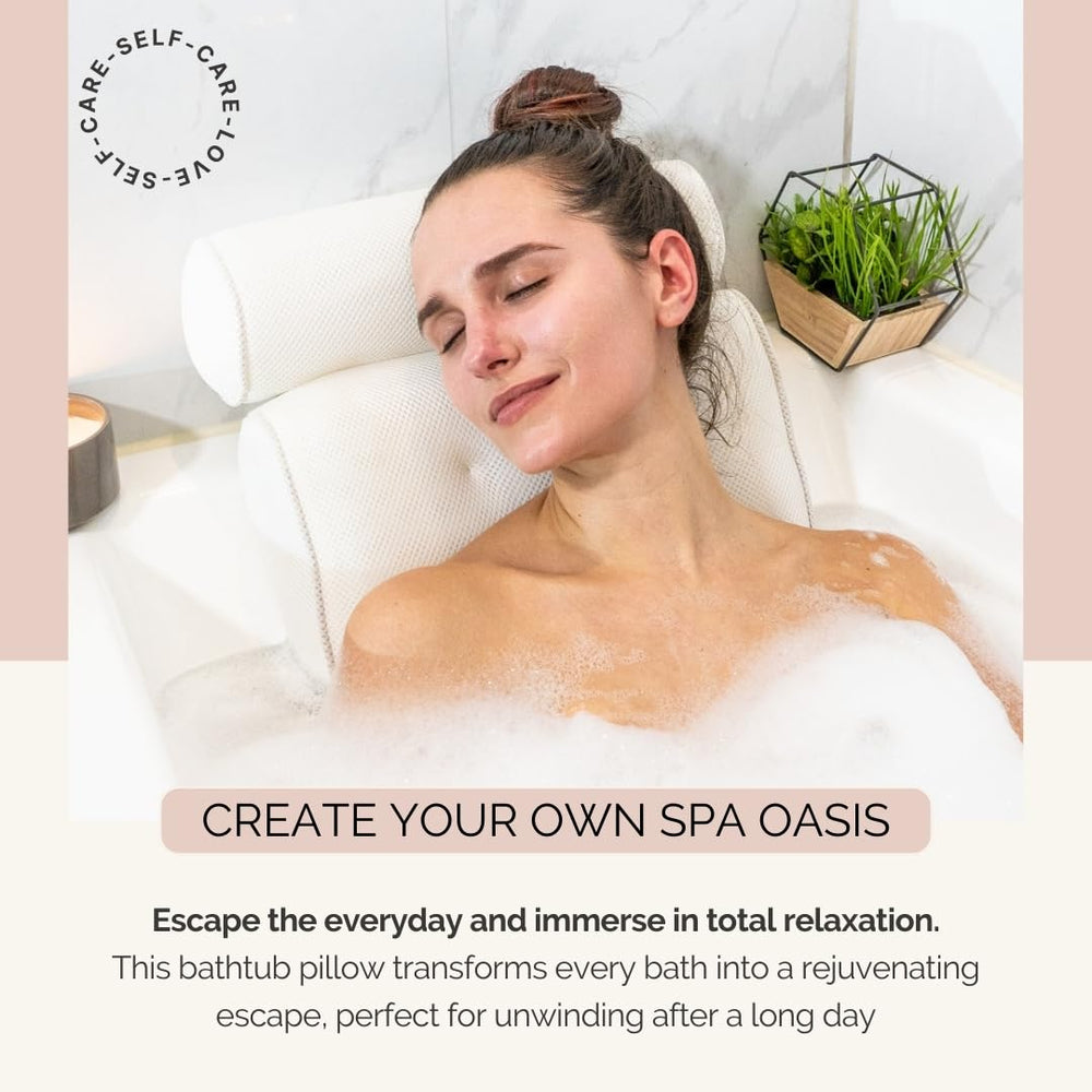 Monsuri bath pillow in-use scene shows relaxing home spa moment