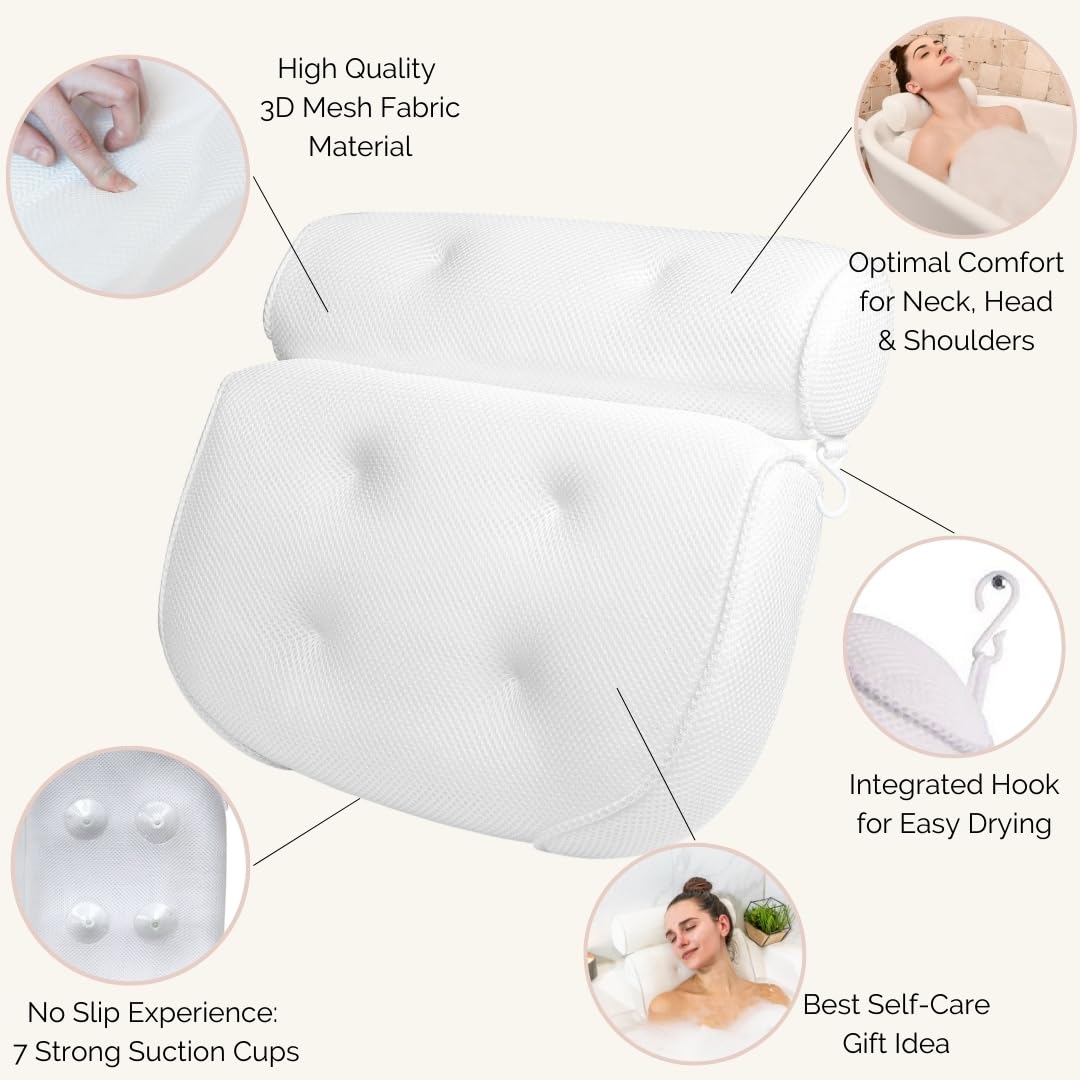 Monsuri bath pillow suction cups secure grip for slip-free tub lounging