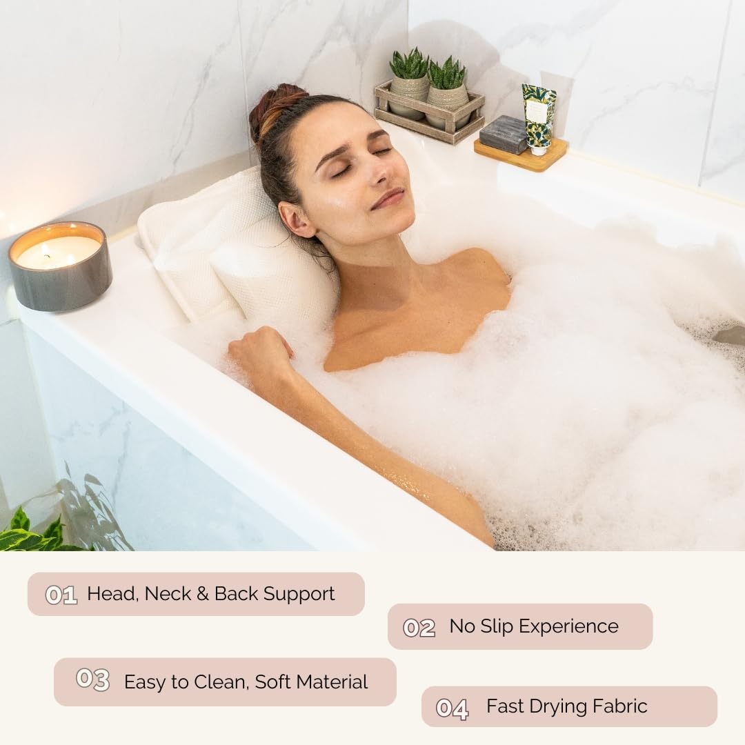 Monsuri bath pillow back support demonstrates neck and spine comfort