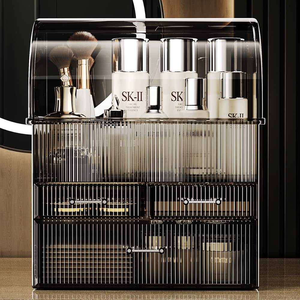 MOOCHI professional makeup organizer enhances bathroom display while keeping items dust-free.