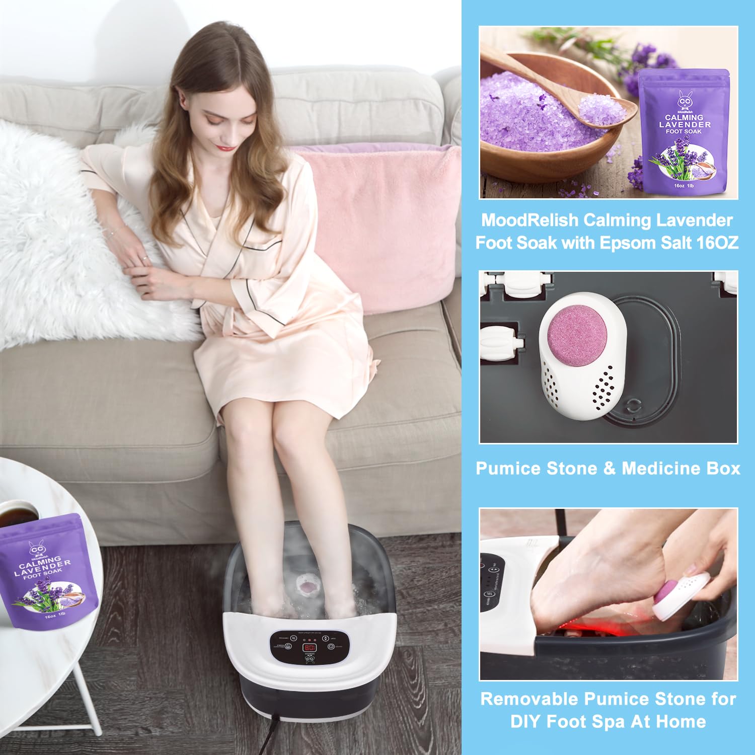 MoodRelish infrared light promotes circulation during a warming foot soak.