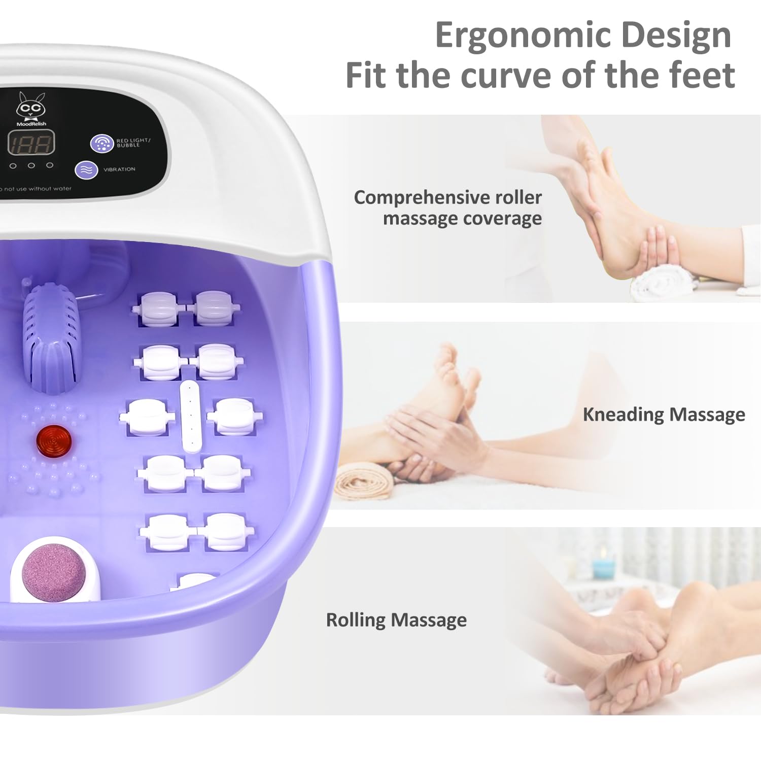 MoodRelish foot spa temperature-control display shows precise heat settings