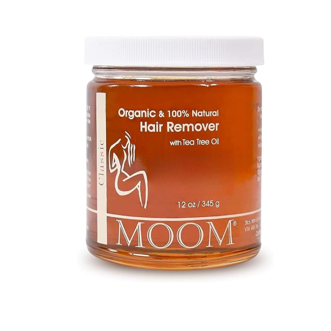 MOOM organic sugar wax jar with Tea Tree; 12 oz packaging for gentle at-home removal.