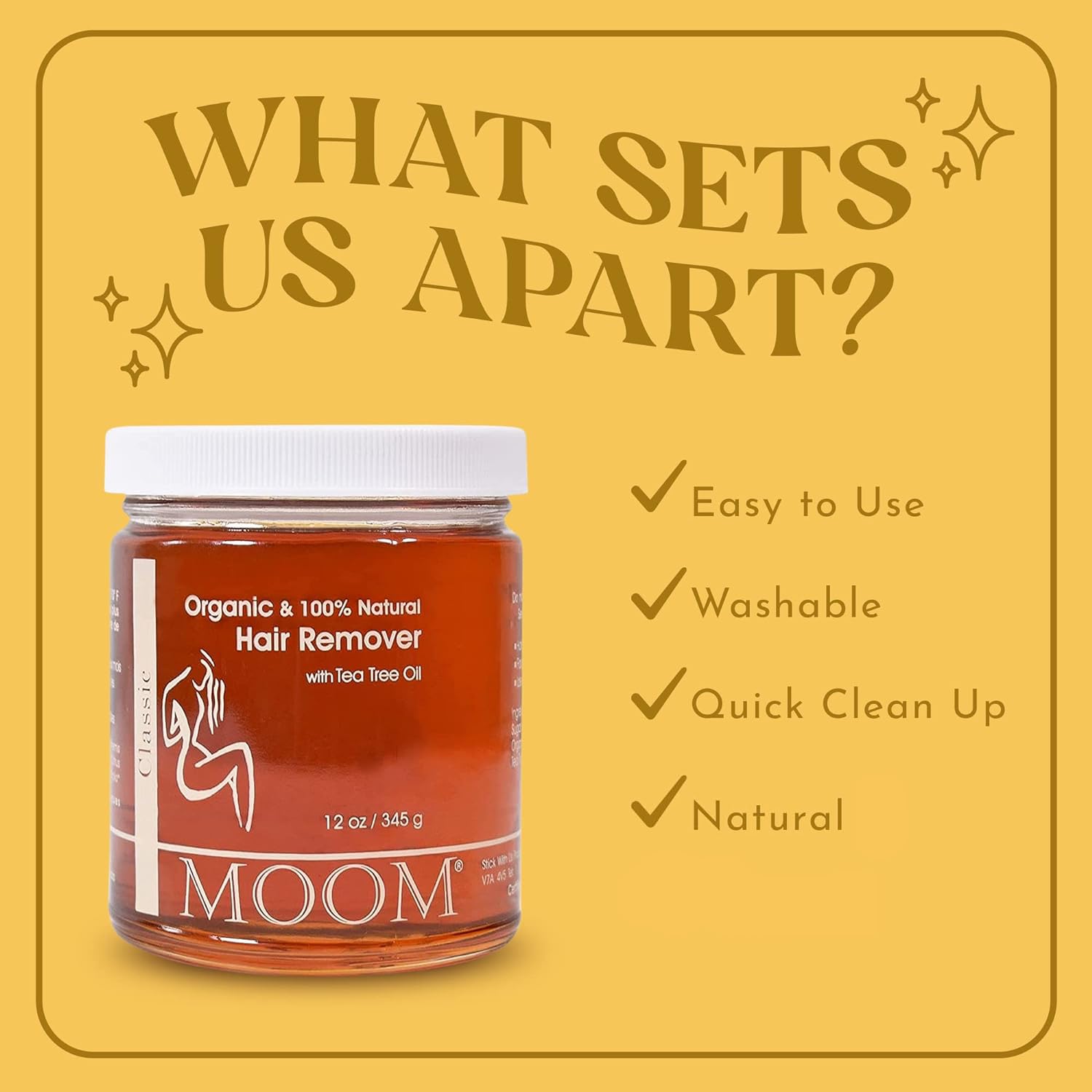 MOOM tea tree oil ingredient closeup highlights soothing aroma and natural hair-smoothing benefits.