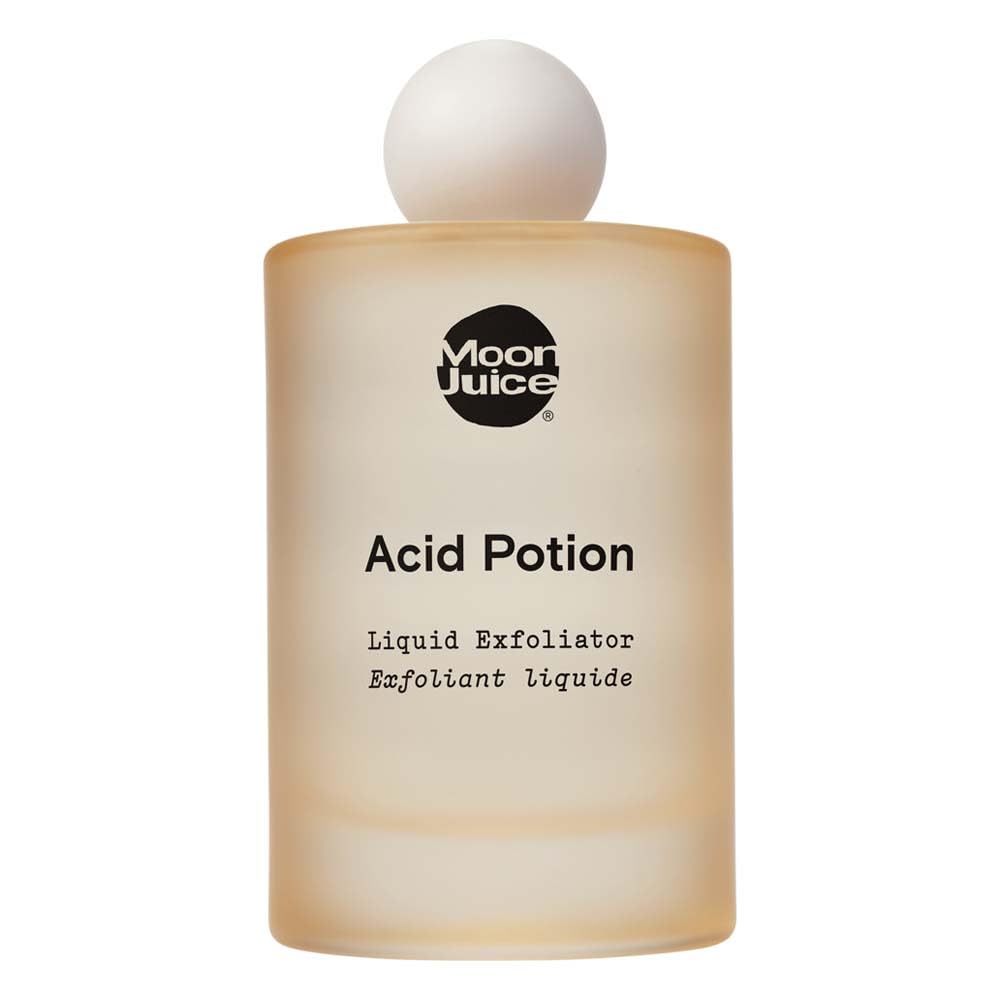 Moon Juice Acid Potion bottle pour shows liquid exfoliant ready for gentle use