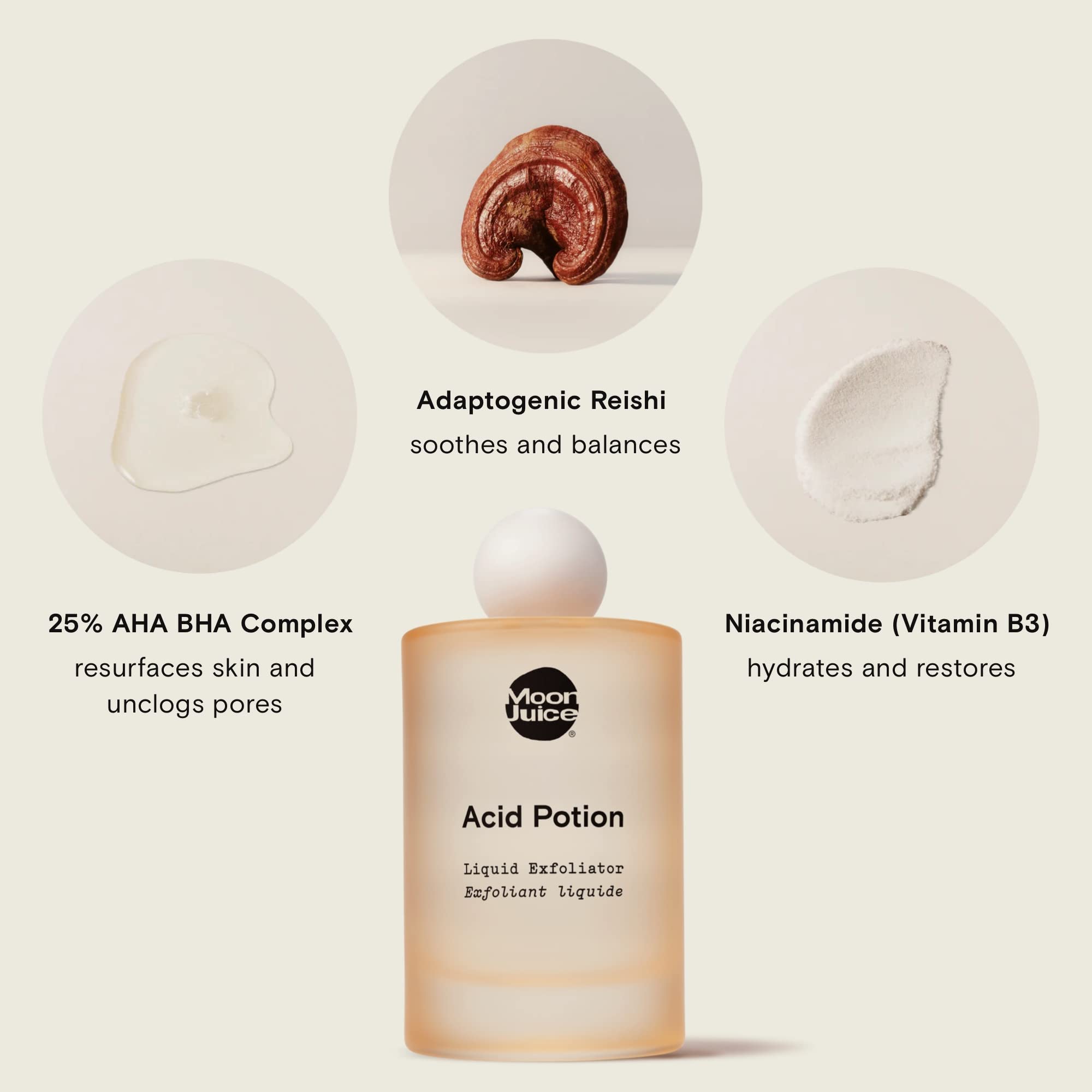 Moon Juice Acid Potion ingredients Reishi and Niacinamide support hydration and barrier health