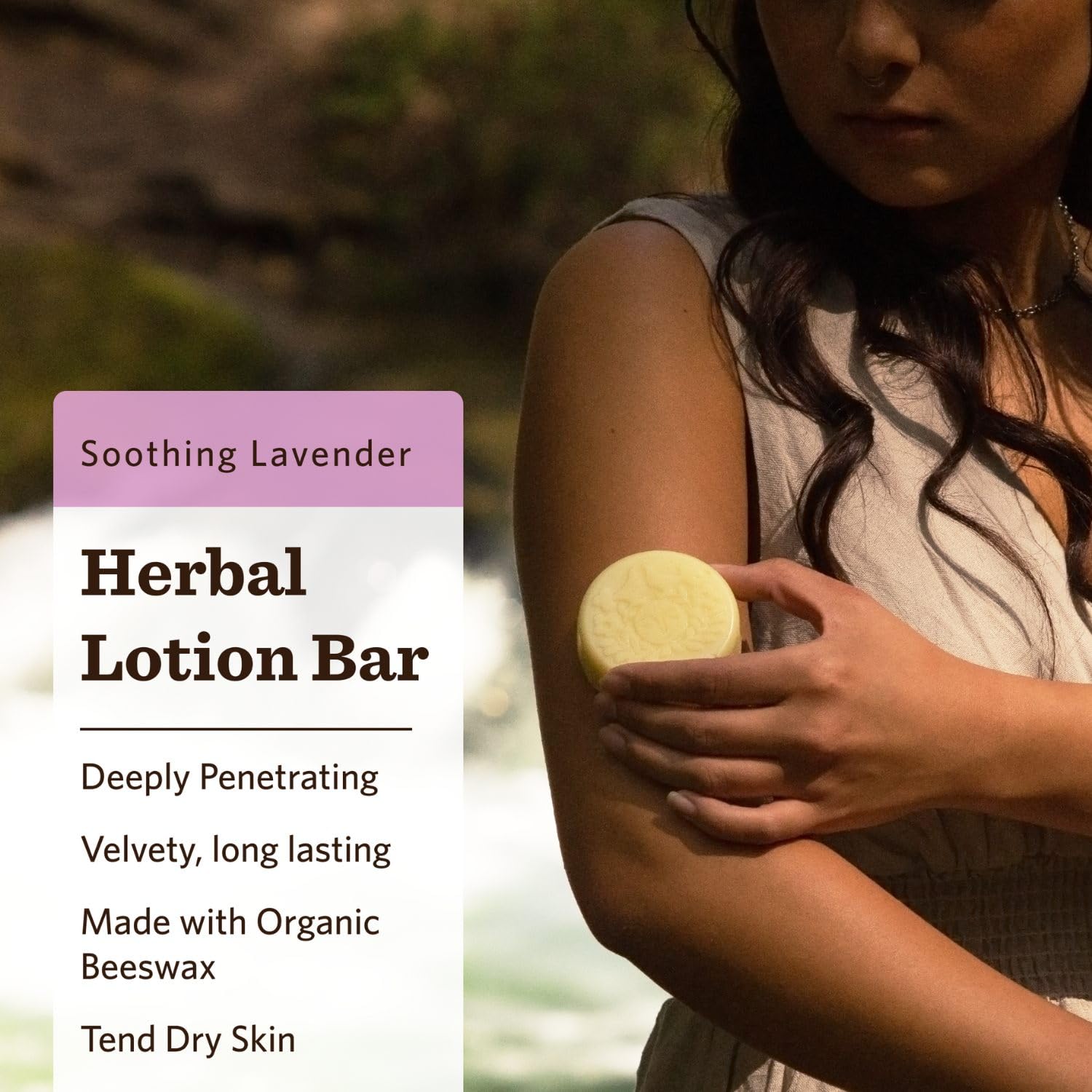 Moon Valley Organics Moon Melt Bar lavender application shot showing heat-activated melt on skin.