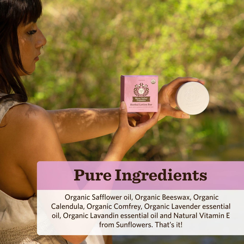 Moon Valley Organics Moon Melt Bar packaging eco-friendly wrap preserving calendula and comfrey benefits.