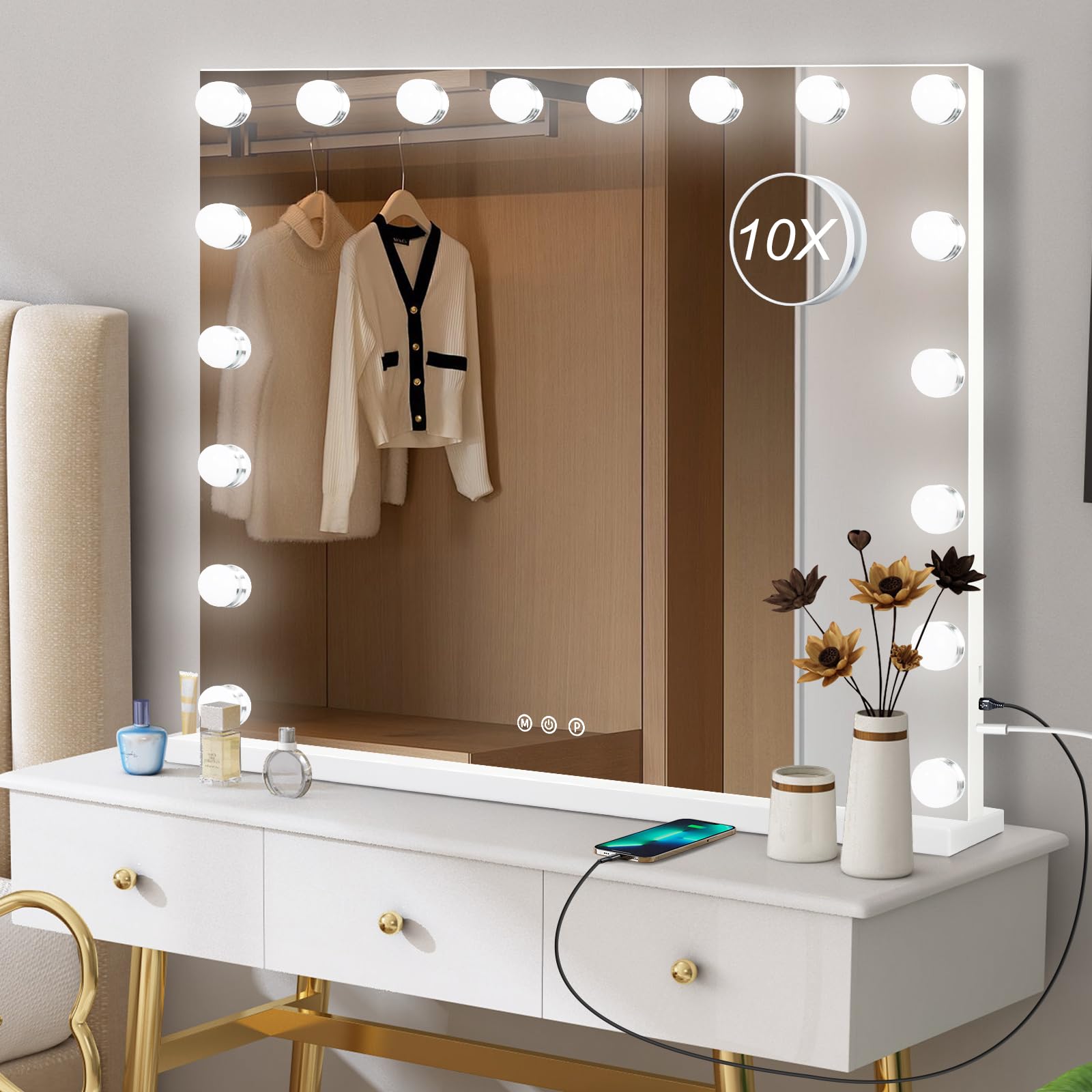 Moonee Hollywood mirror with 18 bulbs lit for bright makeup lighting.