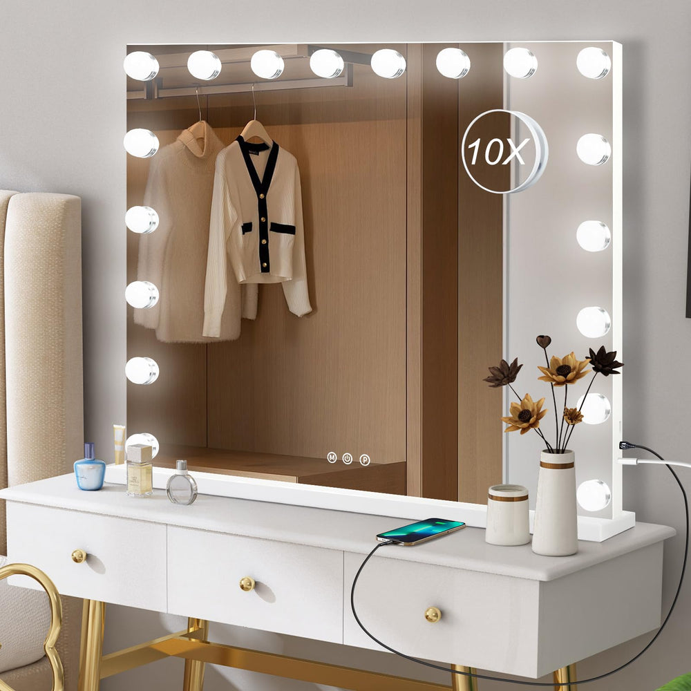 Moonee Hollywood mirror with 18 bulbs lit for bright makeup lighting.
