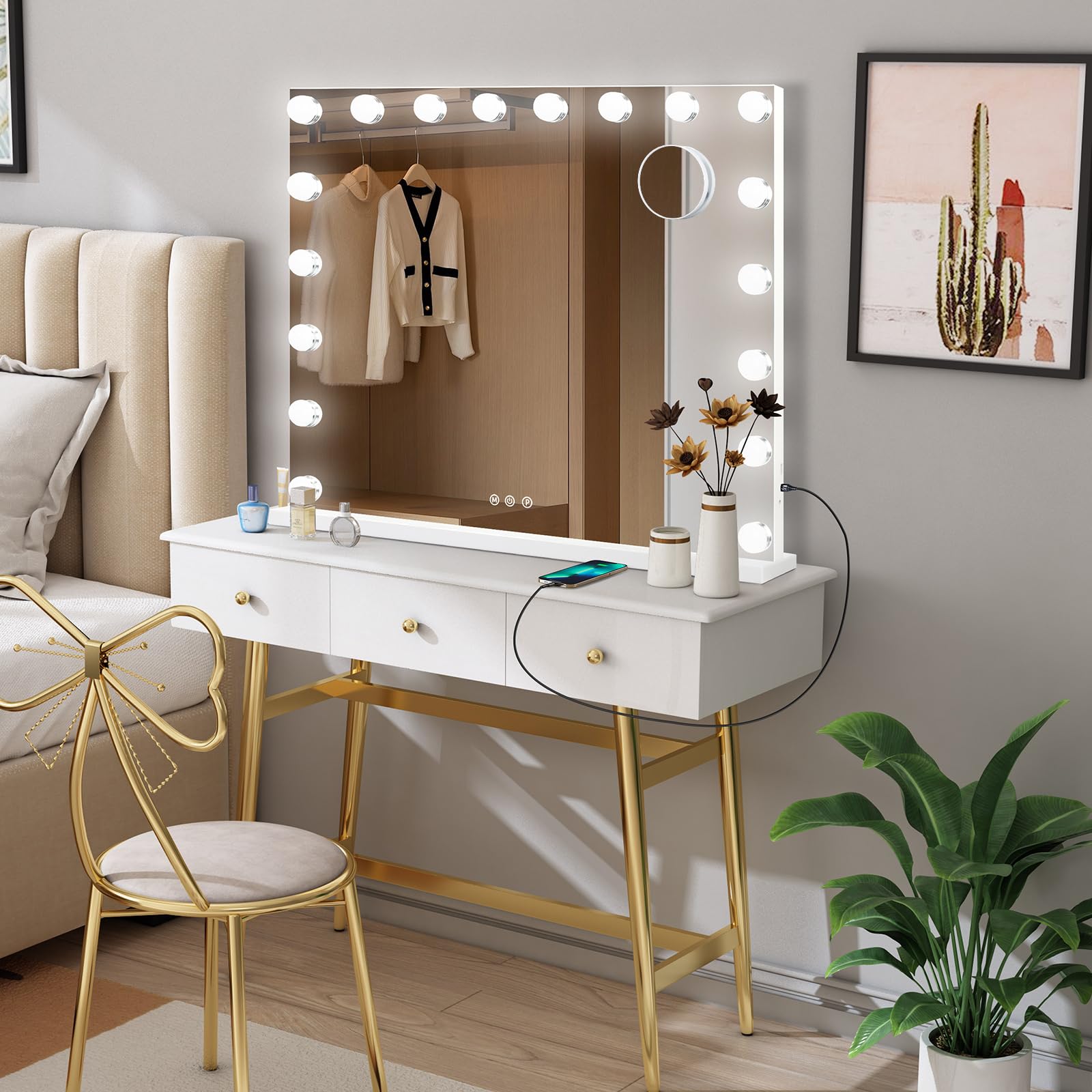 Moonee Hollywood mirror measures 32 by 24 inches for large vanities.