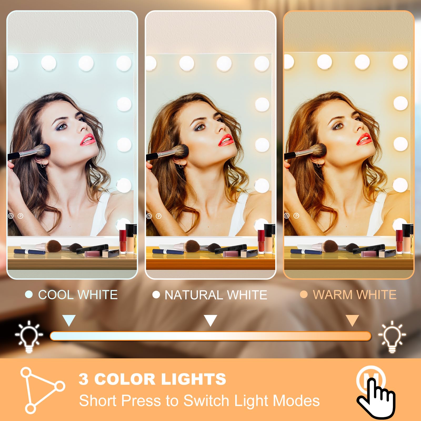 Moonee vanity mirror offers 3 color lighting for accurate skin tones.