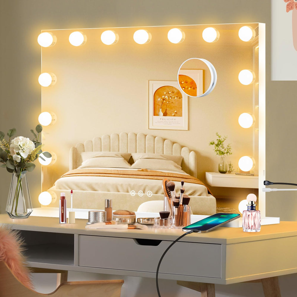 Moonee vanity mirror with lit bulbs for makeup prep.