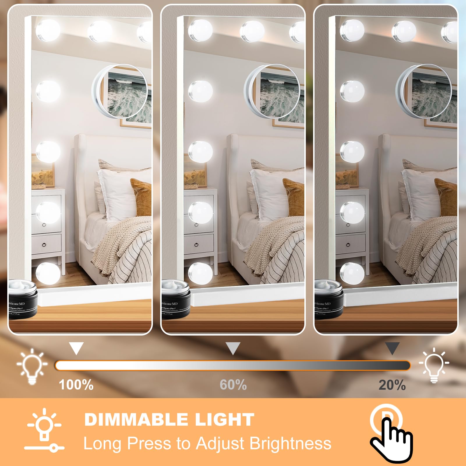Moonee vanity mirror fits on table or wall for flexible setup.