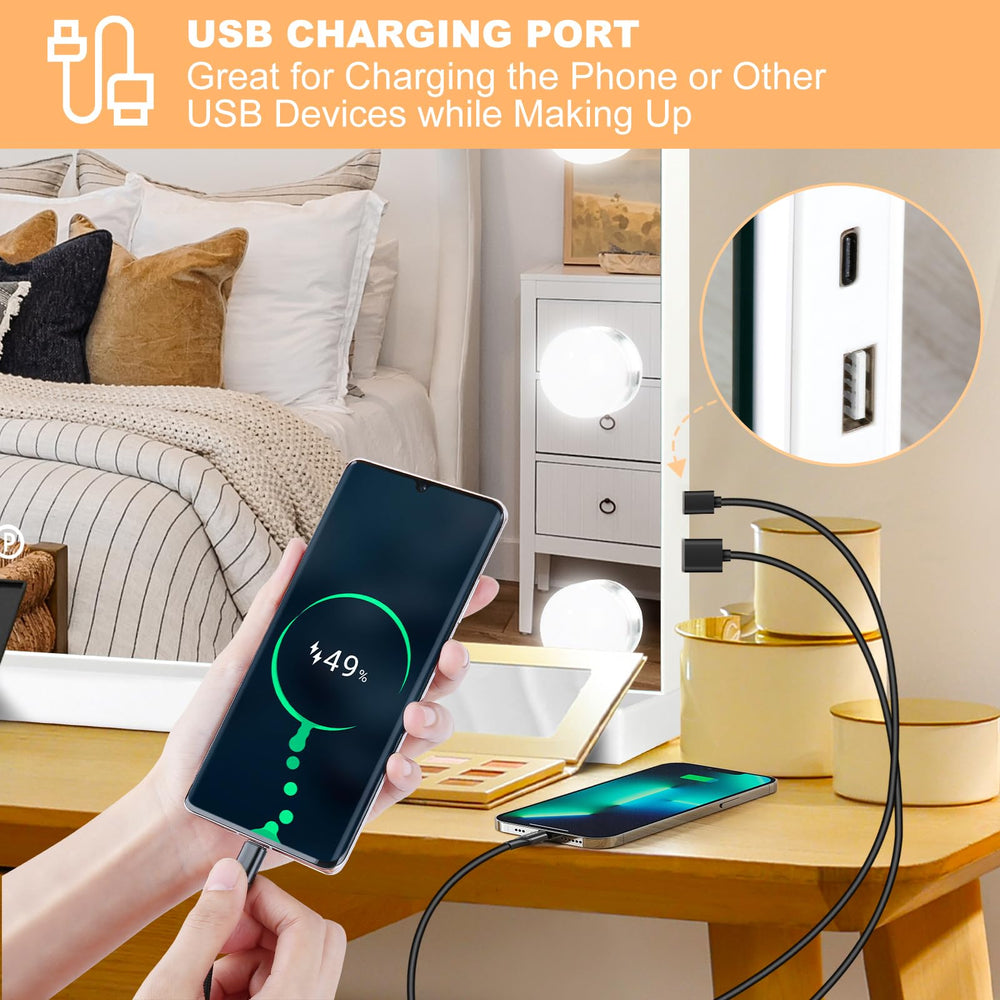 Moonee mirror USB port for charging while applying makeup.