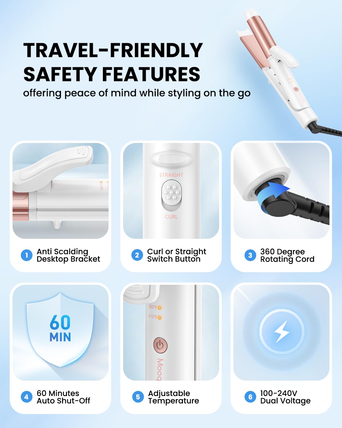 Mooqlizz Dual Voltage Curling Iron auto shut-off improves safety during busy mornings.