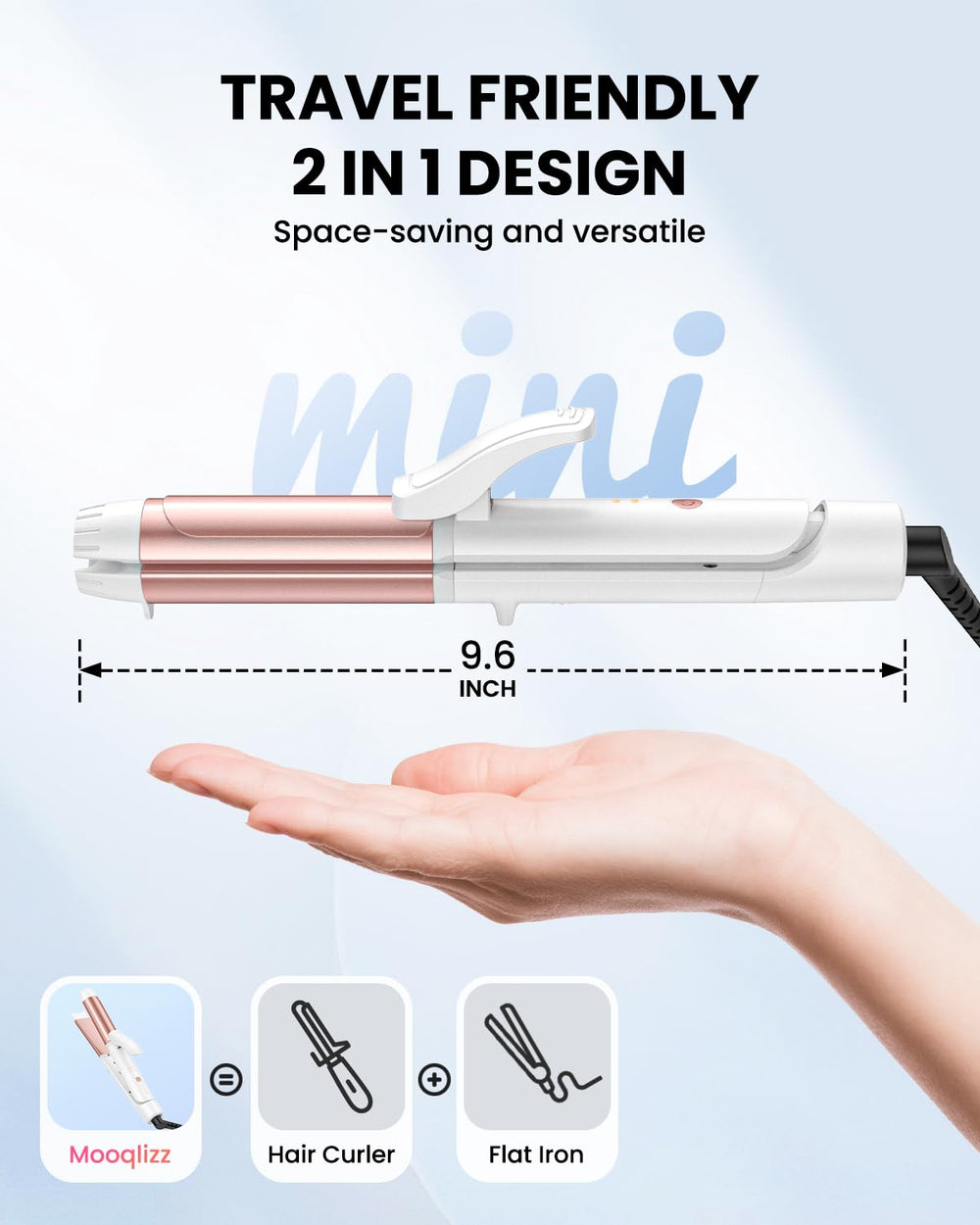 Mooqlizz Dual Voltage Curling Iron ceramic plates deliver even heat for smooth curls.
