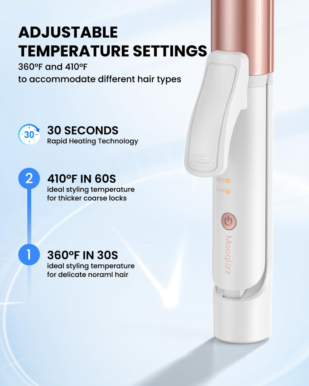 Mooqlizz Dual Voltage Curling Iron dual voltage design supports European plugs and international trips.