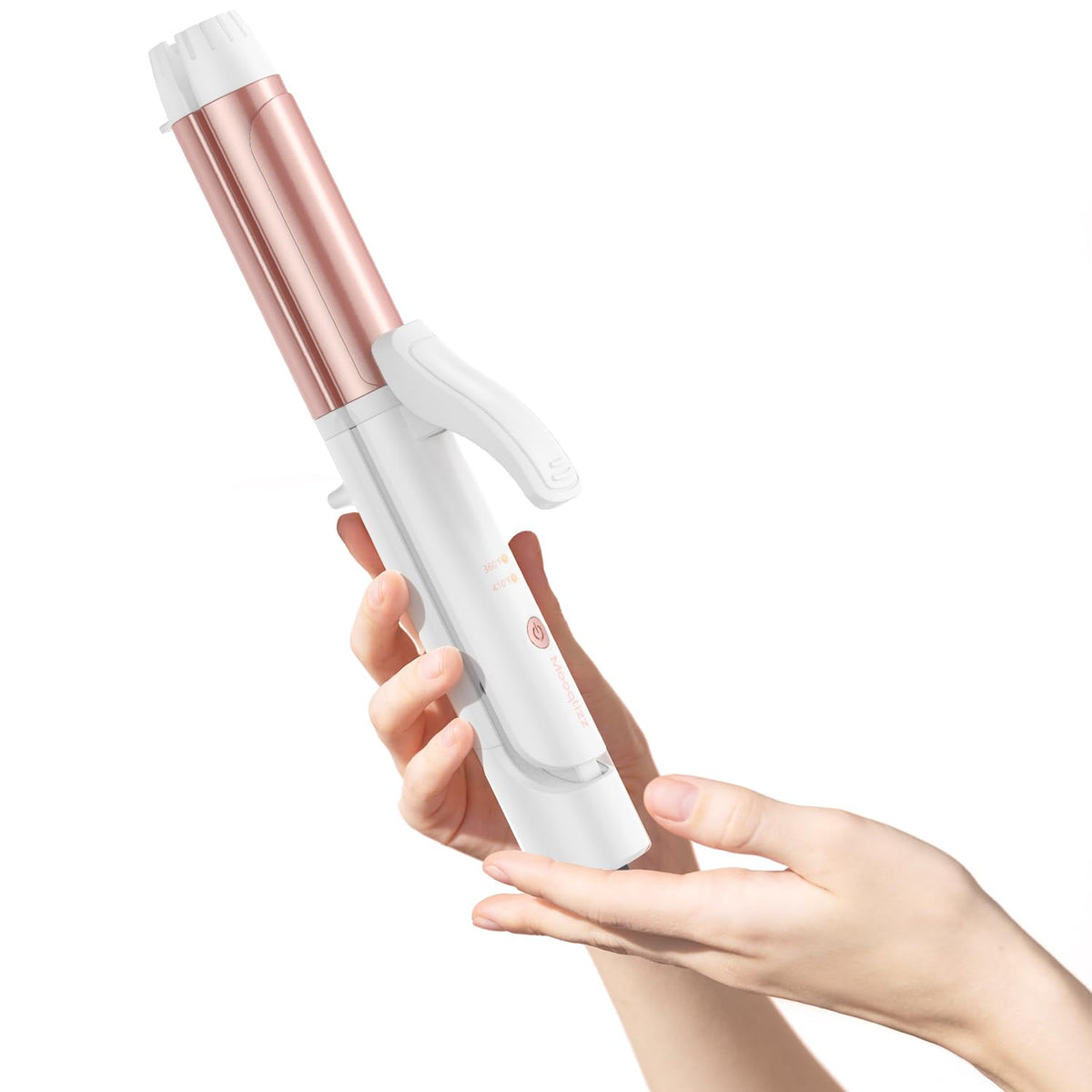 Mooqlizz Dual Voltage Curling Iron front view showcases compact, travel-ready design for easy packing.