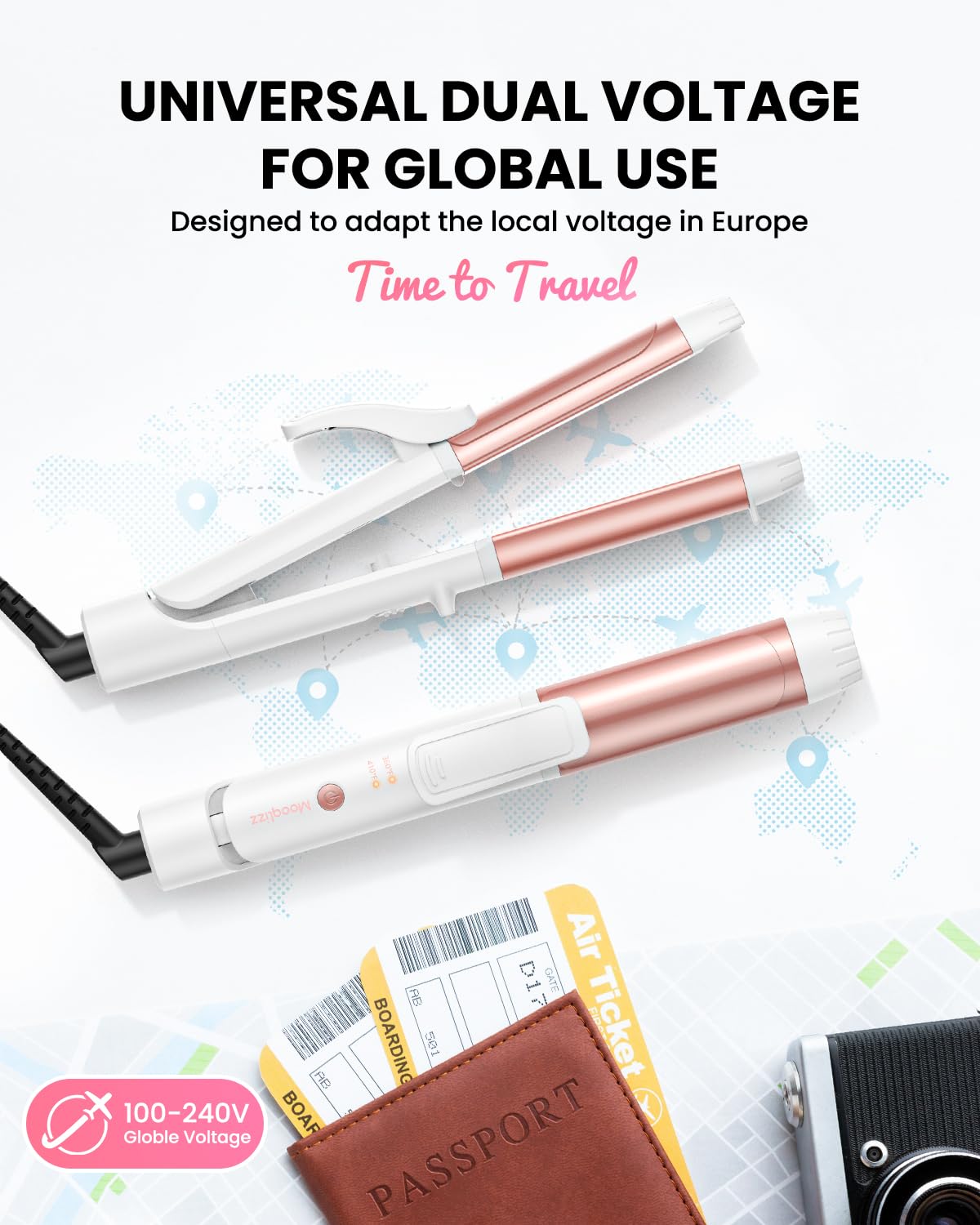 Mooqlizz Dual Voltage Curling Iron heat settings enable customized styling for fine to thick hair.