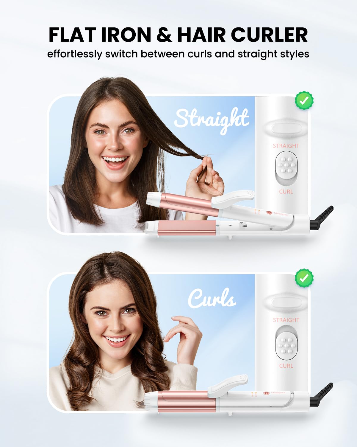 Mooqlizz Dual Voltage Curling Iron with compact travel case for on-the-go styling.