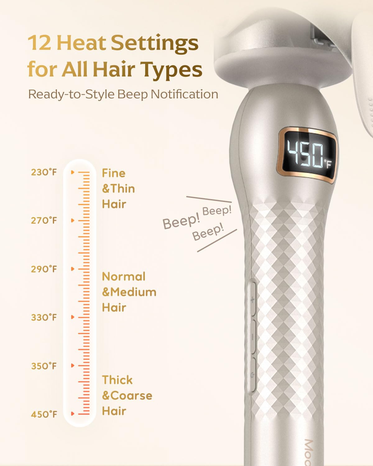 Mooqlizz ceramic-coated barrel distributes heat evenly to reduce hot spots.