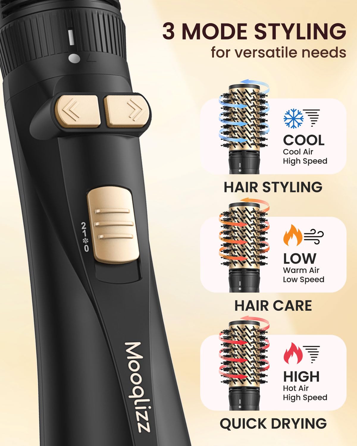 Mooqlizz rotating hair dryer brush with 360-degree swivel cord for easy maneuverability