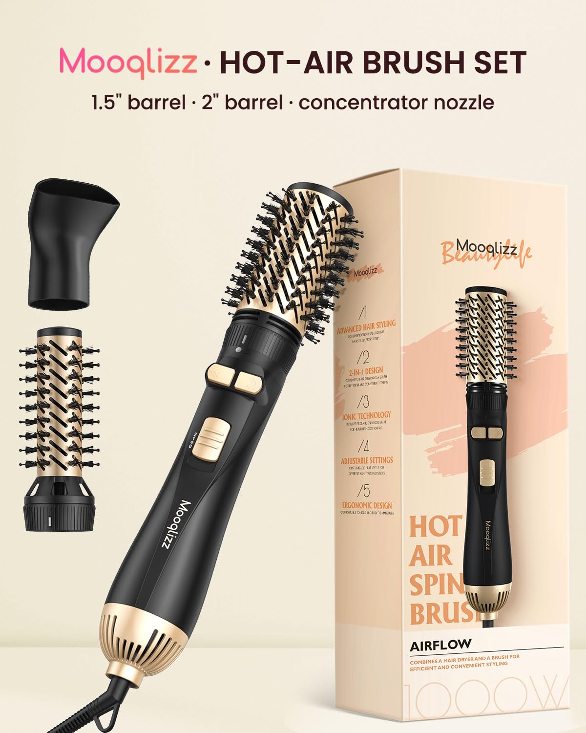 Mooqlizz rotating hair dryer brush with ALCI plug for added safety