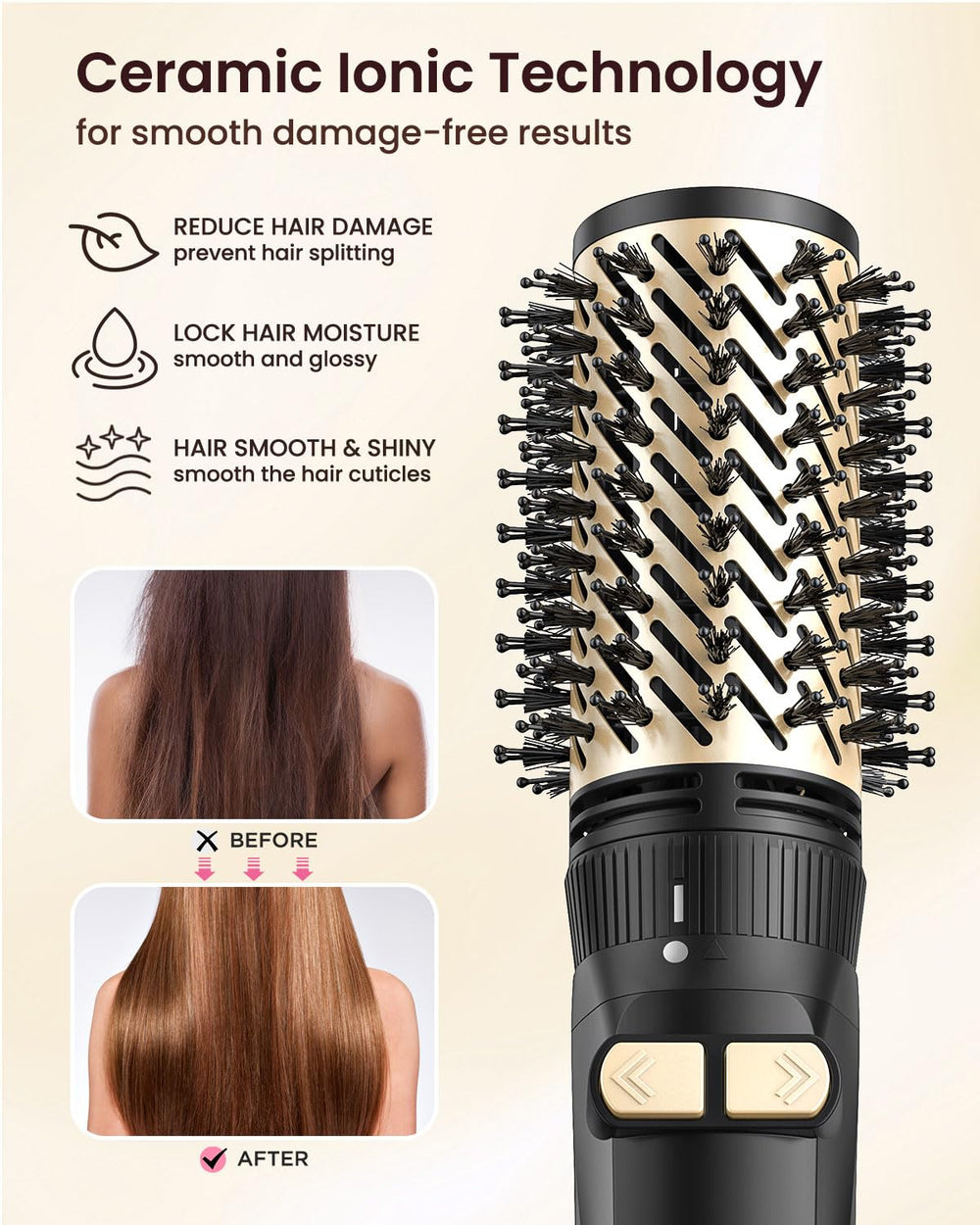 Mooqlizz rotating hair dryer brush featuring ceramic ionic technology for smooth hair