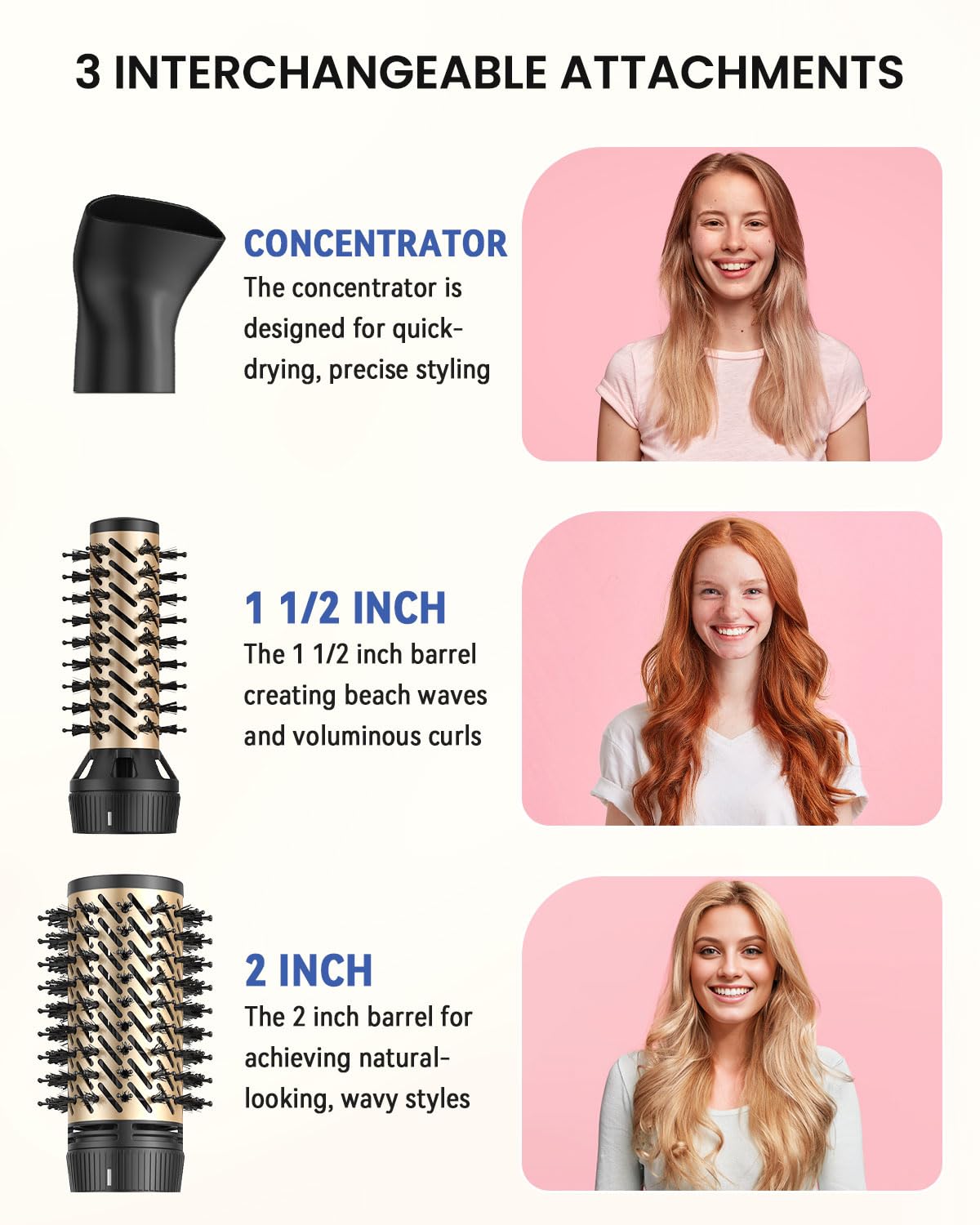 Mooqlizz rotating hair dryer brush with concentrator nozzle for precise drying