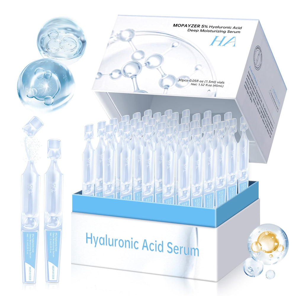 Mopayzer 5% Hyaluronic Serum ampoules in box for deep hydration and travel-ready skincare.