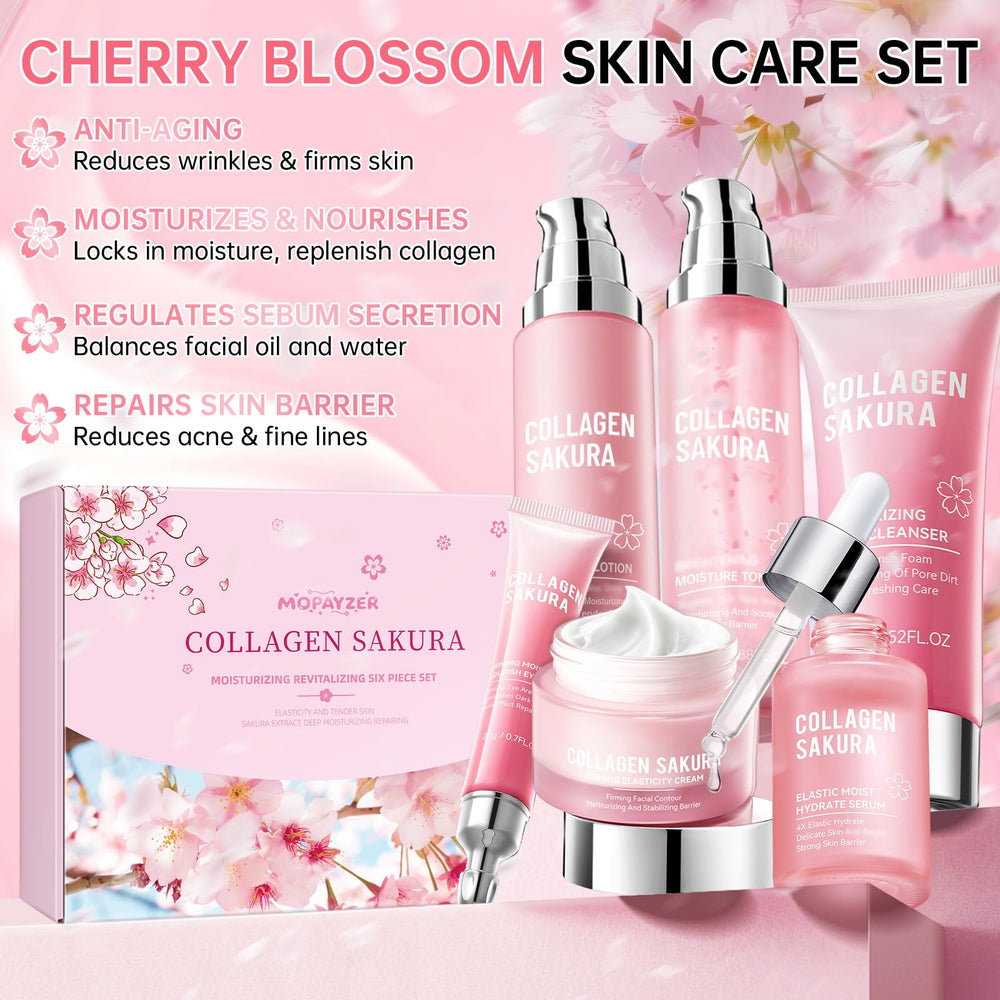 Mopayzer Collagen Sakura contents laid out highlight cleanser and serum for refreshed skin.