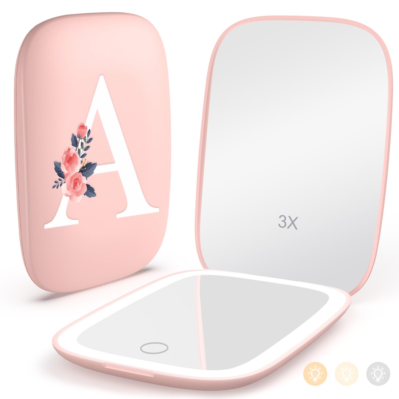 Mopis personalized letter A travel mirror with LED lighting for on-the-go makeup
