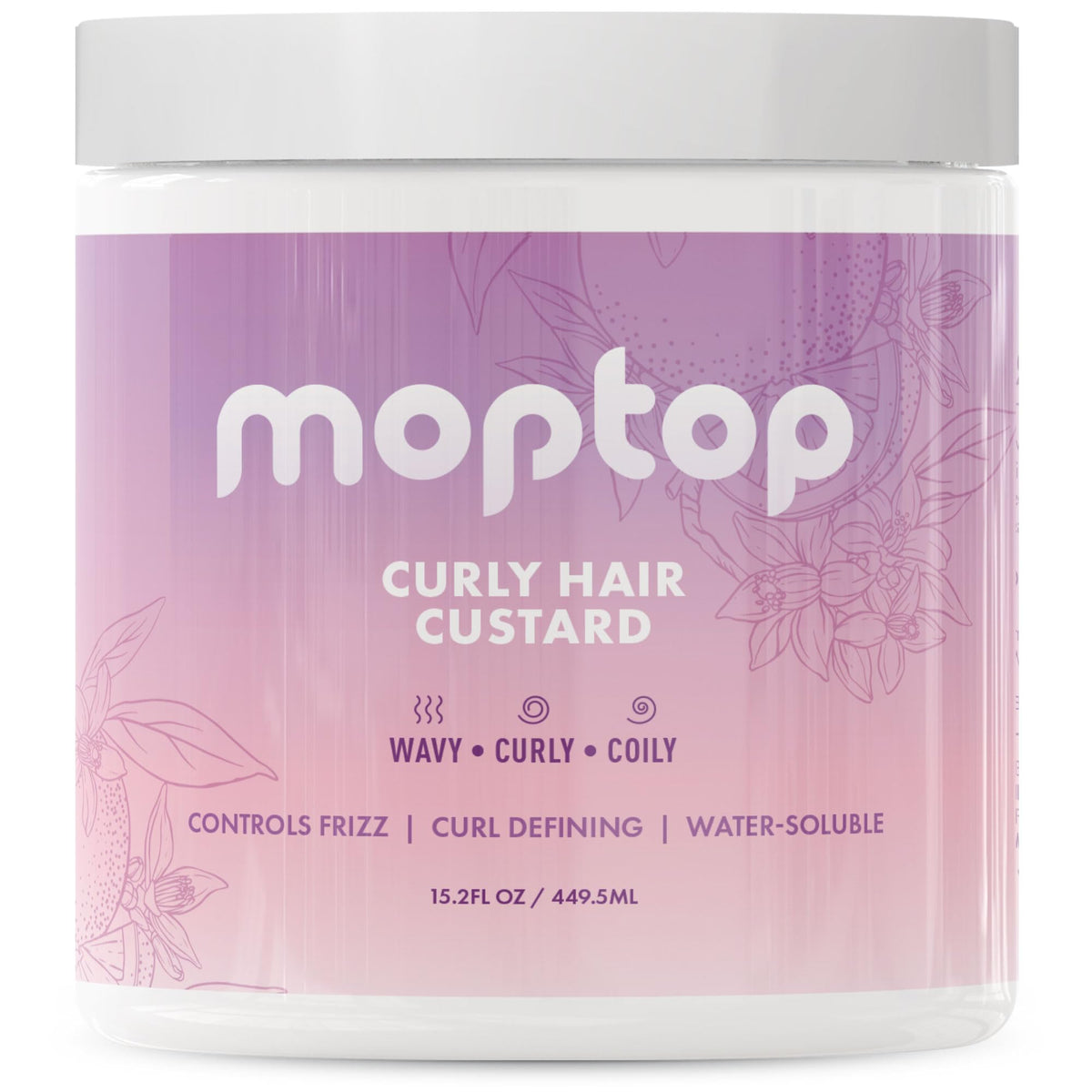 MopTop Curly Hair Gel Custard bottle close-up highlights Citrus Kumquat aroma for frizz control