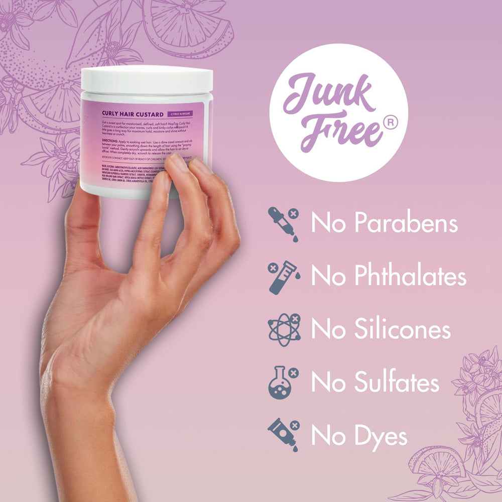 MopTop Curly Hair Gel Custard on bathroom shelf highlighting frizz-control benefits.
