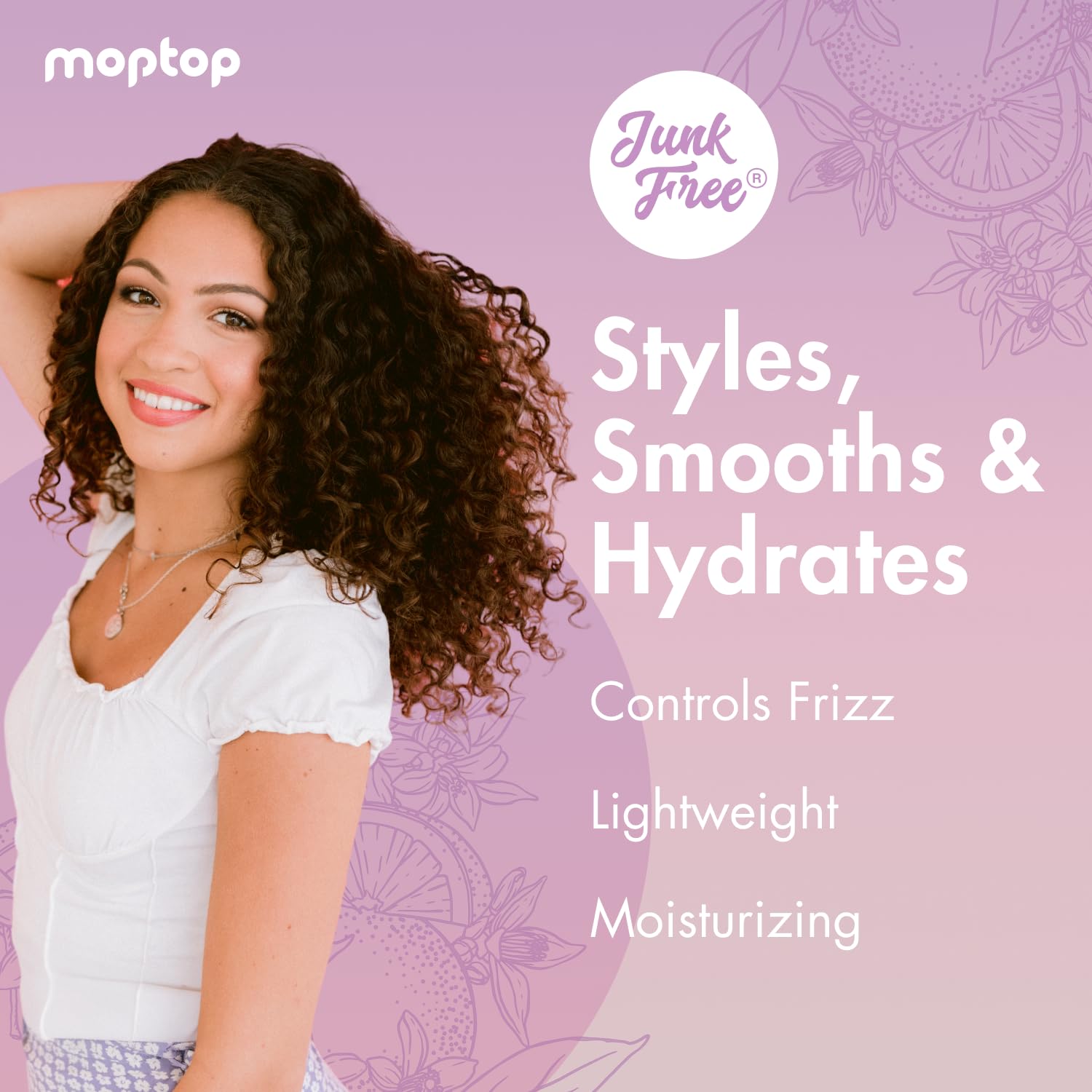 MopTop Curly Hair Gel Custard label close-up emphasizes clean, junk-free formula