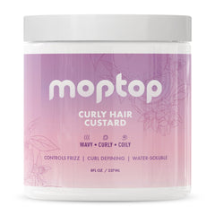 MopTop Curly Hair Gel Custard applied to wet hair for hydration and curl definition.