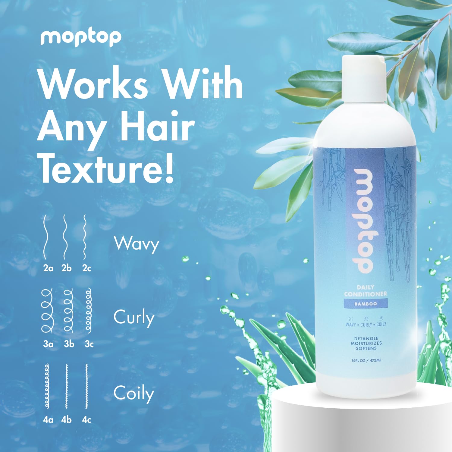 MopTop Daily Curly Hair Conditioner on bathroom shelf emphasizing moisture boost for soft, healthy-looking hair.