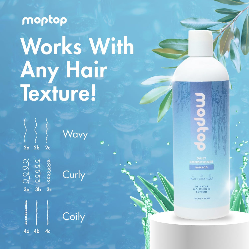 MopTop Daily Curly Hair Conditioner on bathroom shelf emphasizing moisture boost for soft, healthy-looking hair.