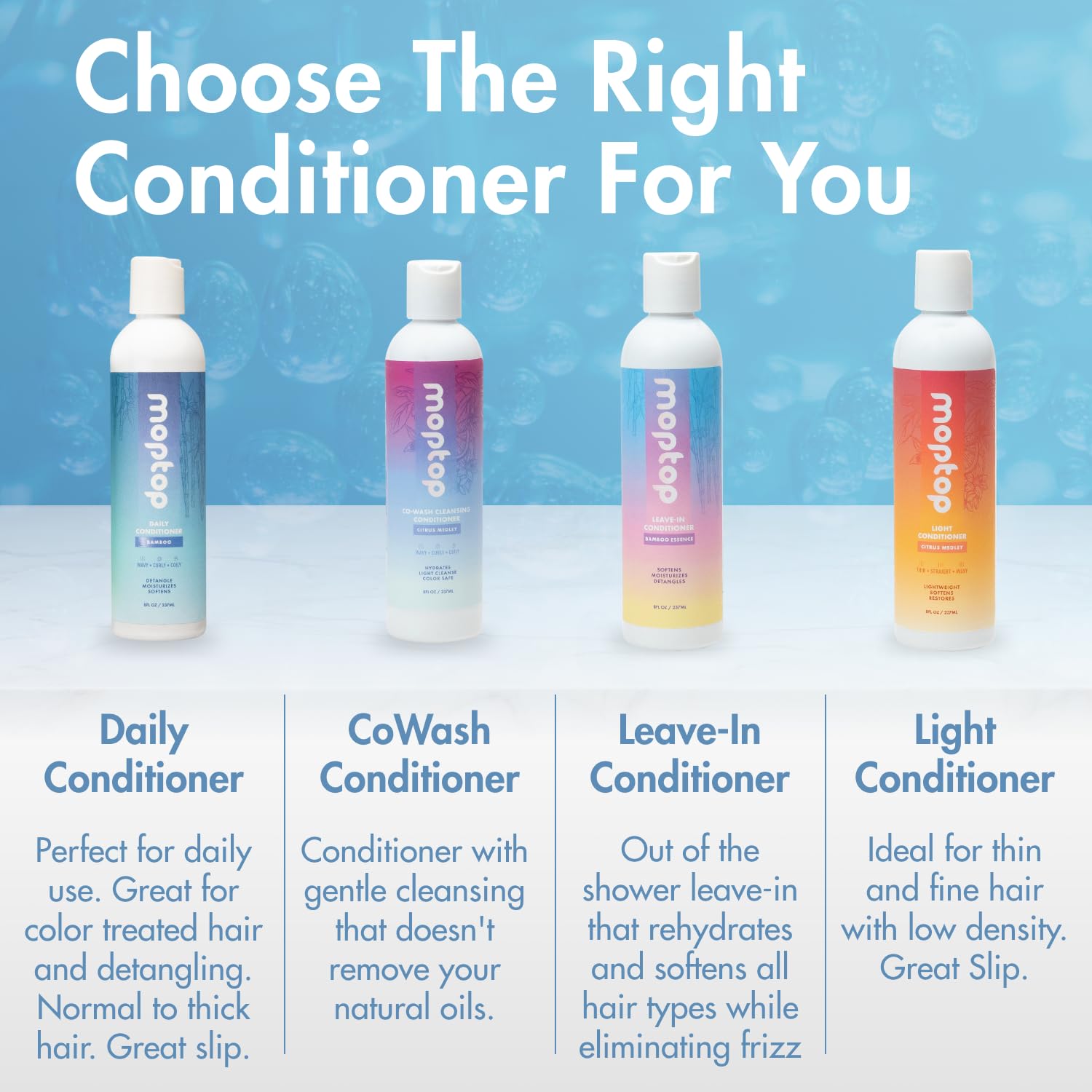 MopTop Daily Curly Hair Conditioner bottle close-up reveals silicone-free, sulfate-free formula.