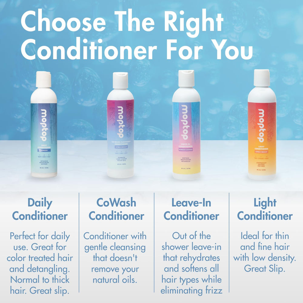 MopTop Daily Curly Hair Conditioner bottle close-up reveals silicone-free, sulfate-free formula.