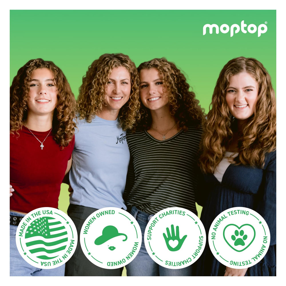 MopTop Gentle Shampoo on a bathroom shelf suggests everyday use for all hair types.