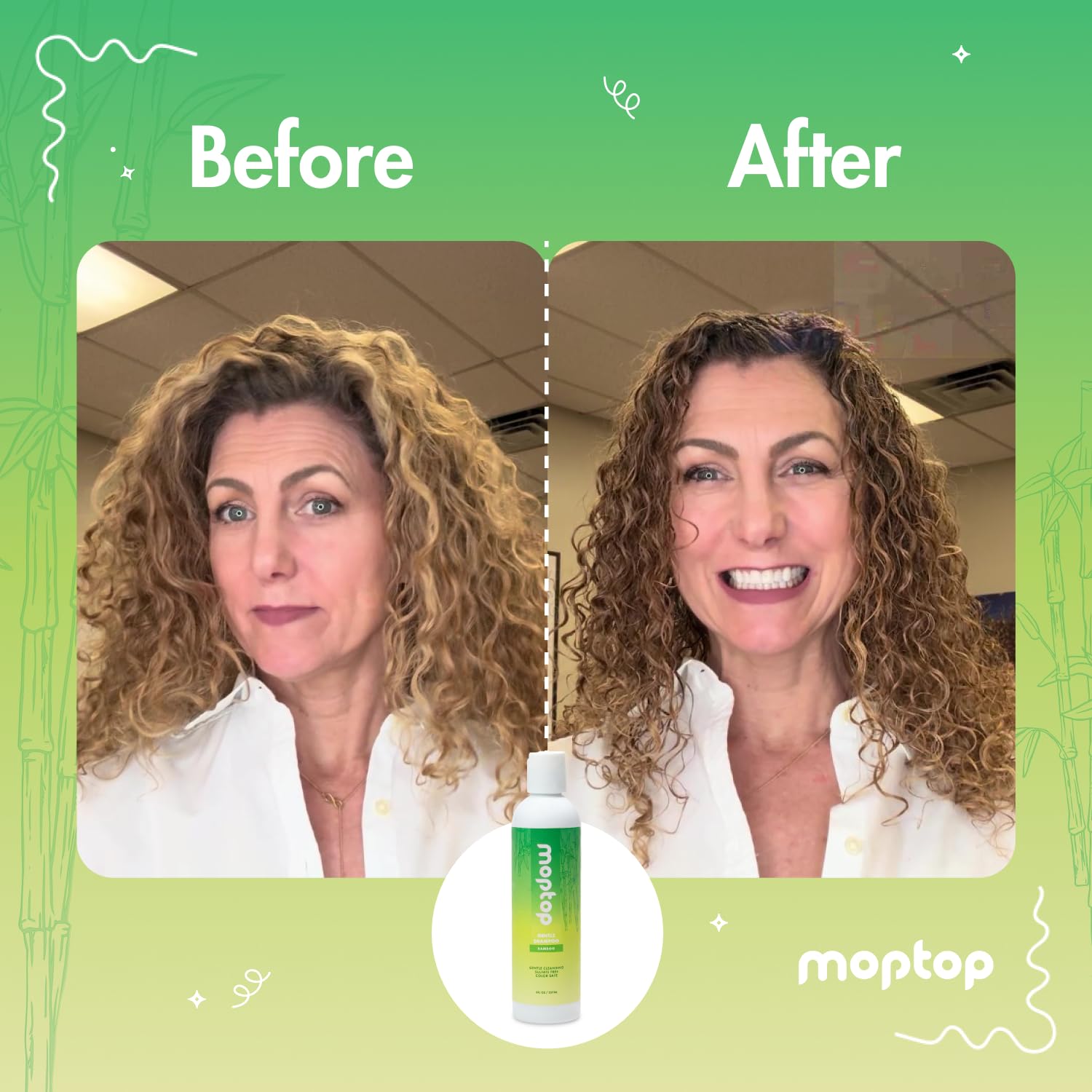 MopTop Gentle Shampoo natural formula with honey, aloe, sea botanicals for non-toxic care.