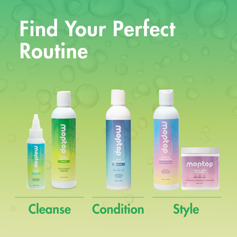 MopTop Gentle Shampoo packaging image underscores a clean, junk-free formula.