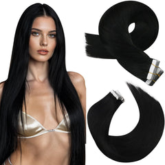 Moresoo black tape-in hair extensions packaging shows a pristine seal for authenticity.