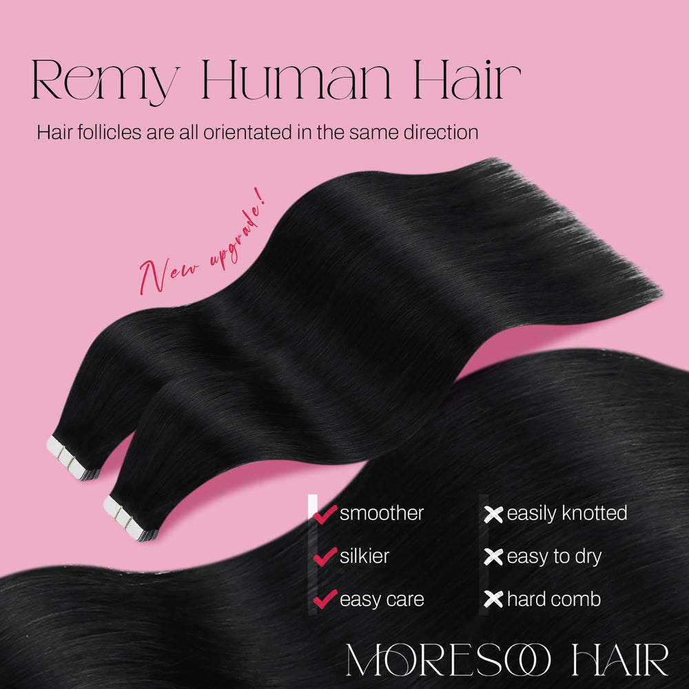Moresoo tape-in extensions close-up highlights invisible glue for secure hold.