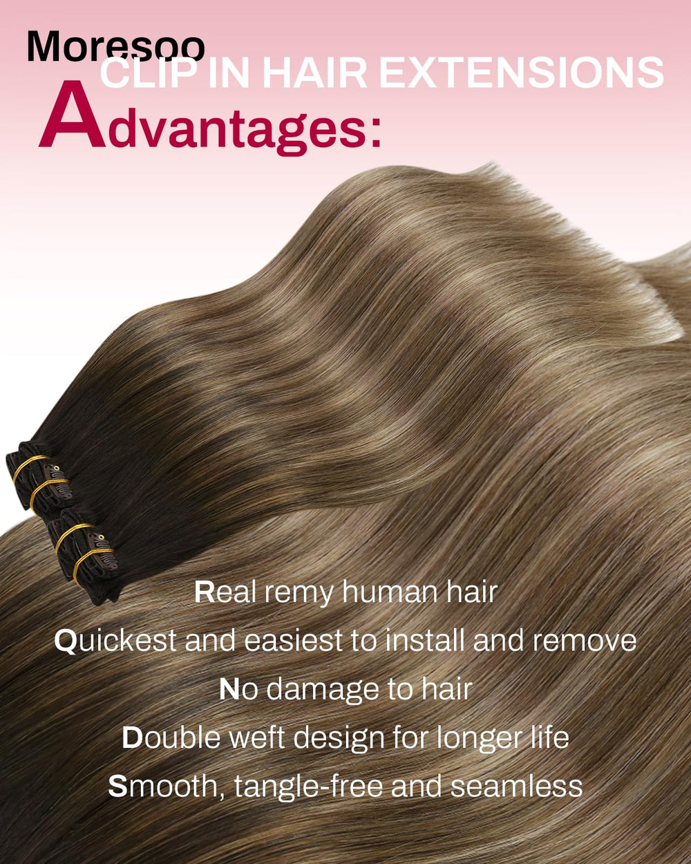 Moresoo clip-in extensions Balayage color adds soft, sun-kissed dimension.