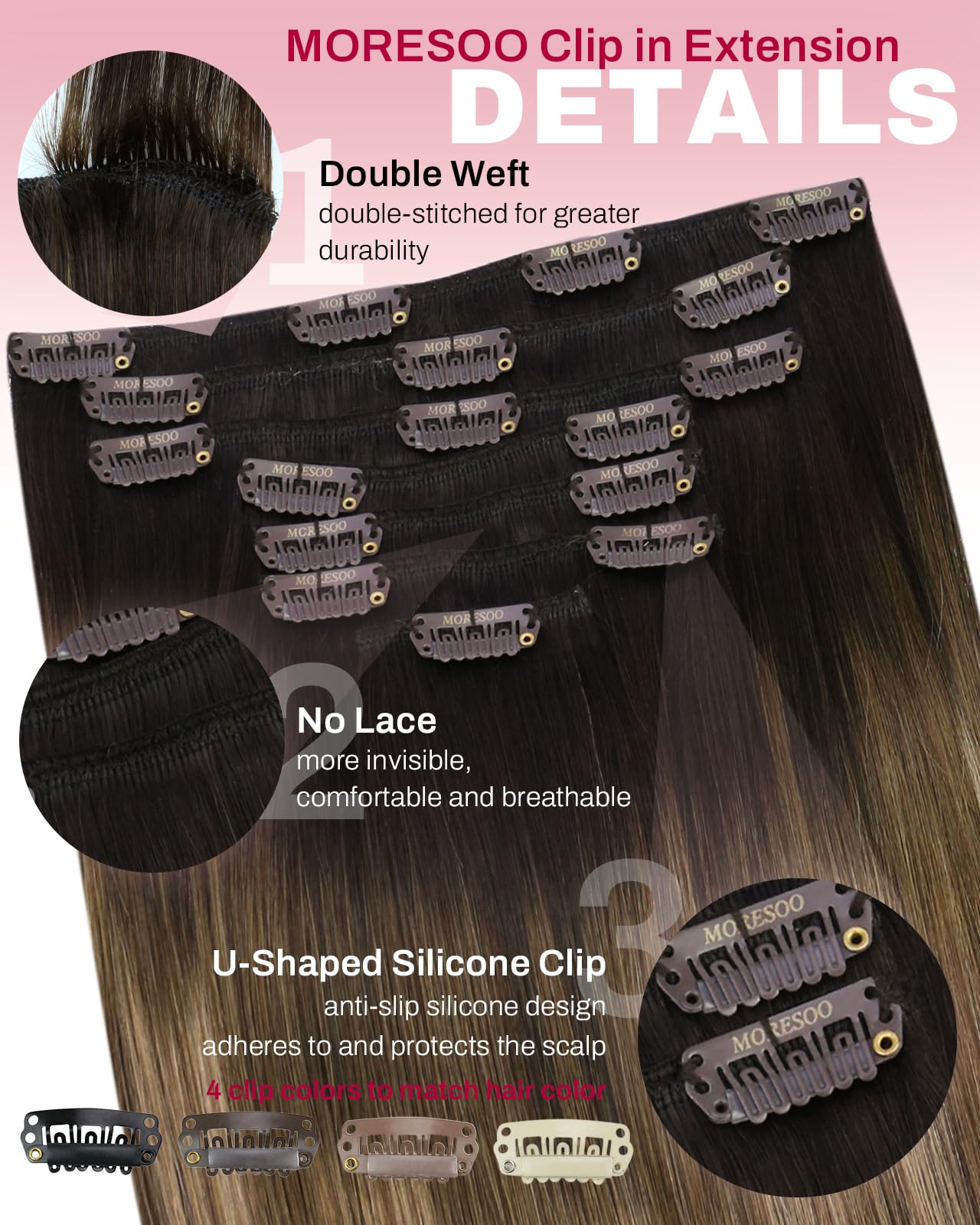 Moresoo clip-in extensions Golden brown shade for warm, vibrant highlights.