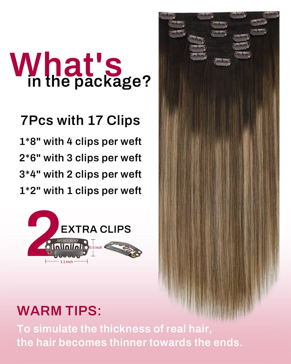 Moresoo clip-in extensions Ombre dark brown to golden brown for natural gradient.